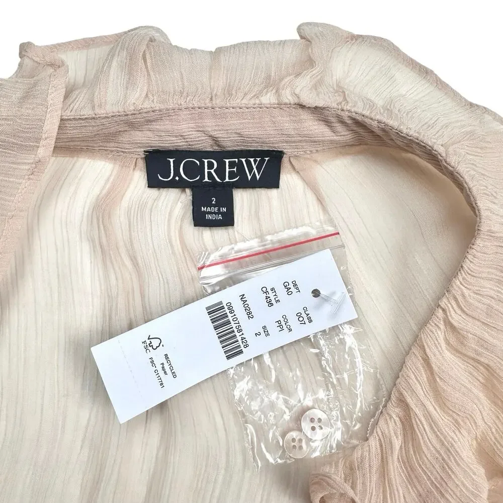 J. Crew | Women | Tan Ruffle Sheer Crinkle Chiffon Button Up Blouse | Sz 2